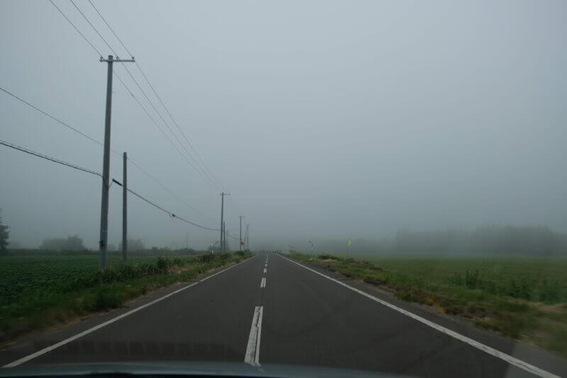 霧に包まれた北海道の直線道路。両脇に広がる畑と電柱が、白く霞んだ奥へと消えていく風景。