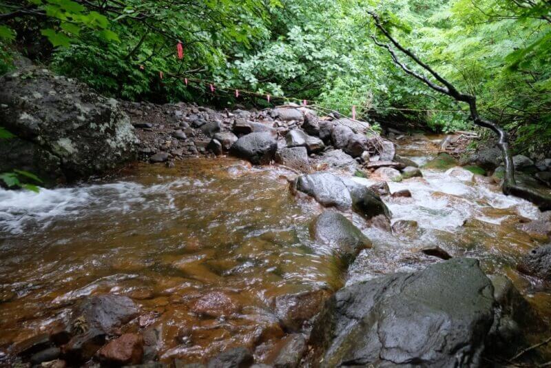 沢を横切る付近の岩場。対岸の木々にピンク色の目印テープが結ばれている。