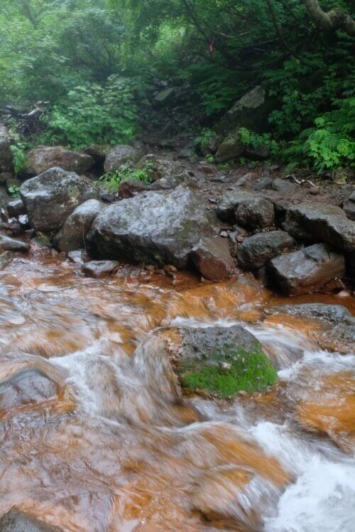 霧で霞む前方の斜面。手前の岩には鮮やかな緑の苔がついている。