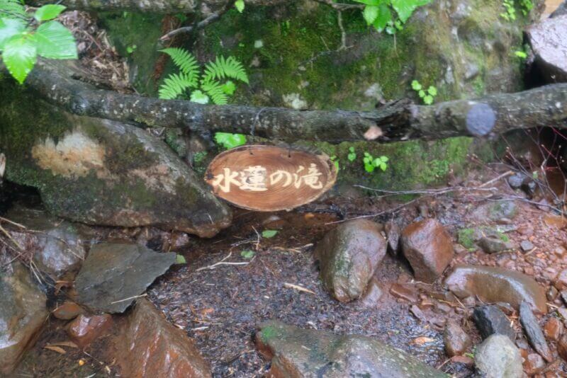 「水蓮の滝」と書かれた木製の吊り看板