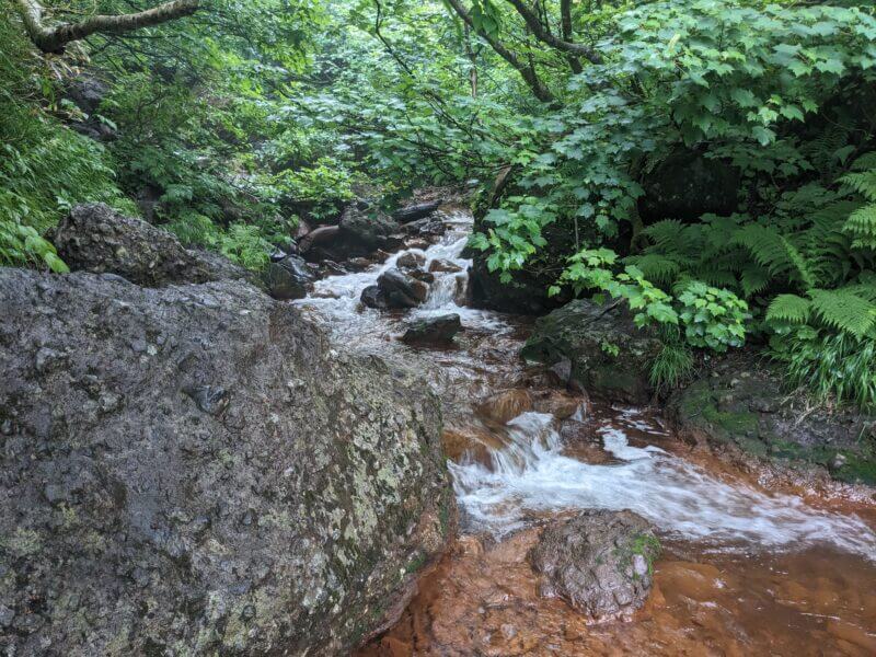 大きな岩の間を縫うように流れる渓流の様子