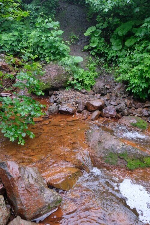 沢から続く急な泥の斜面と、赤茶色の水が流れる分岐点。