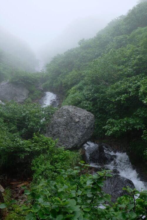 沢の中央に置かれた大きな岩と激しい水流