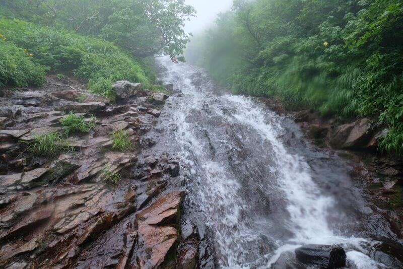 霧に包まれた急峻な岩場を滝のように水が流れる登山道の風景