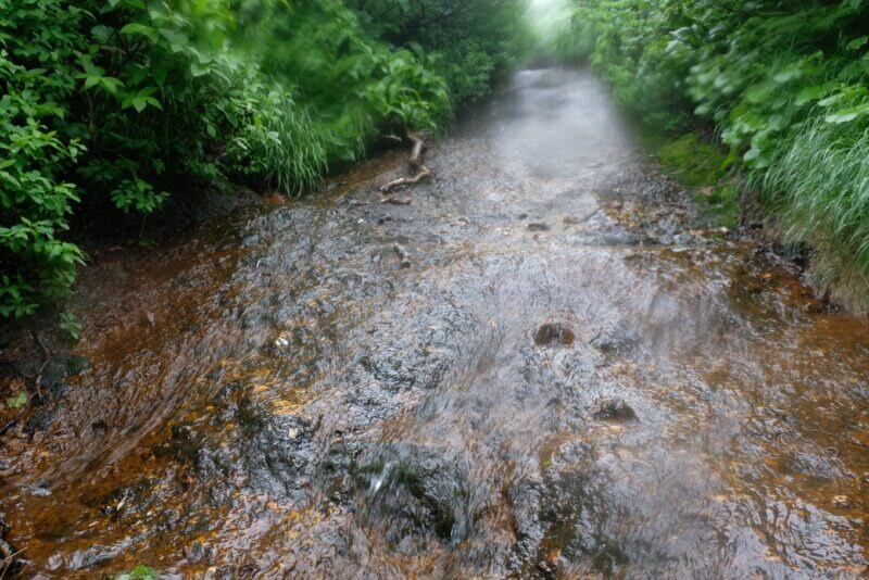 登山道が完全に川のようになり激しく水が流れる様子