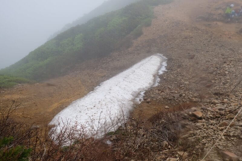 泥が混じり溶けかかった夏山の雪渓のクローズアップ