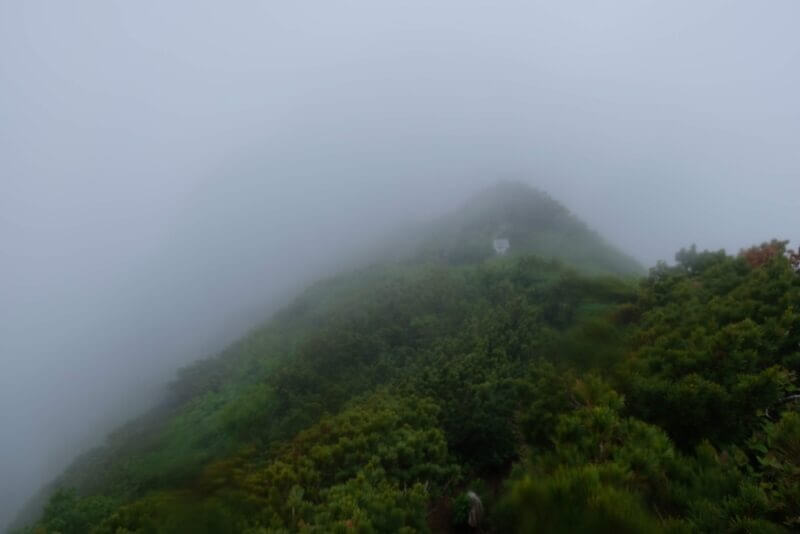 深い霧の中に白い祠がぼんやりと浮かび上がる稜線の風景