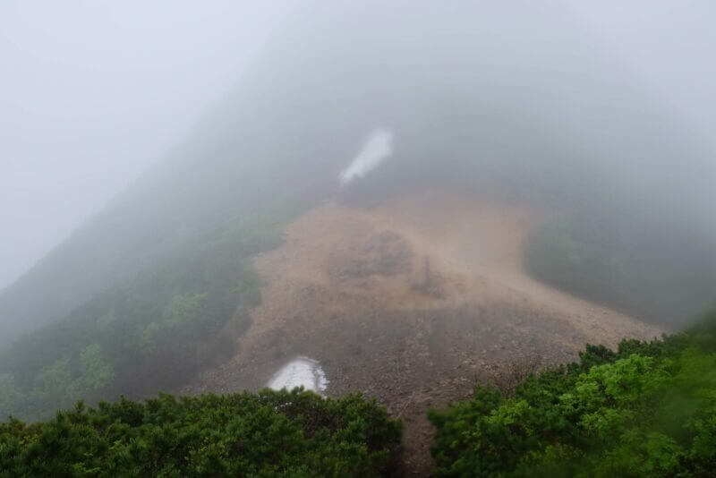 斜里岳の斜面に残る雪渓とハイマツ帯