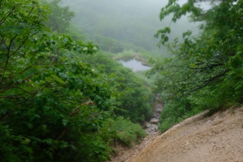 霧の向こうに小さく見える龍神の池の遠景